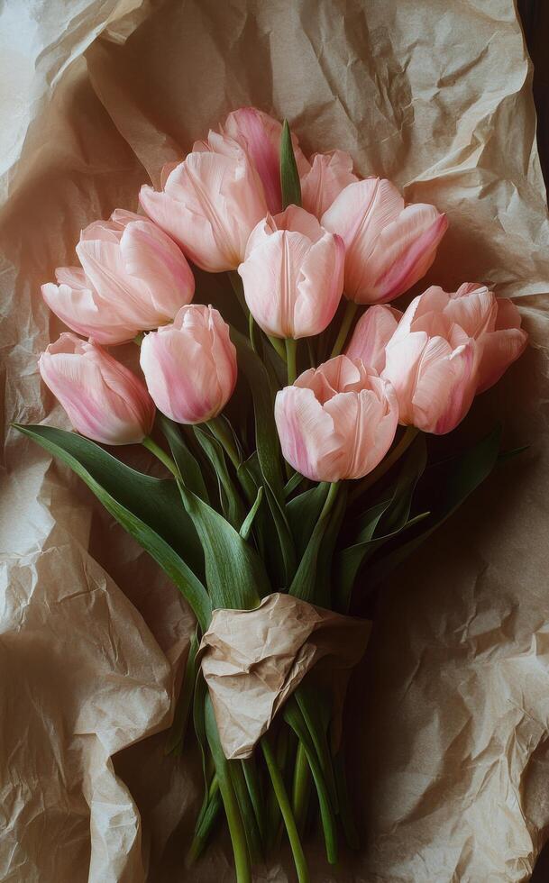 Beautiful bouquet of pink tulips wrapped in kraft paper on rustic wooden table photo