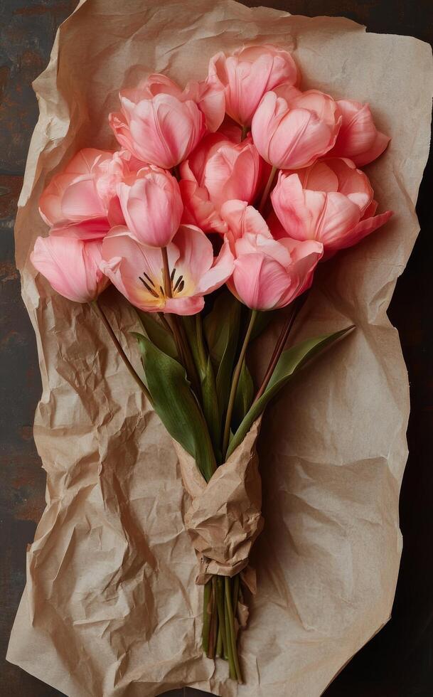 Beautiful bouquet of pink tulips wrapped in kraft paper on rustic wooden table photo
