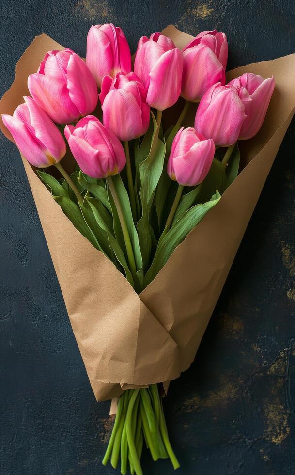 Beautiful bouquet of pink tulips wrapped in kraft paper on rustic wooden table photo