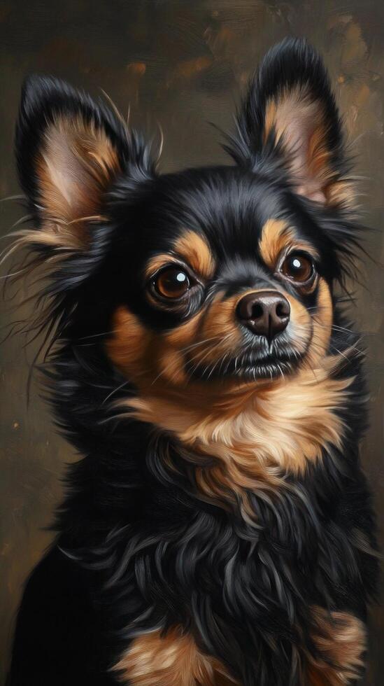 Black and tan small dog with expressive eyes and detailed fur in a neutral background setting photo