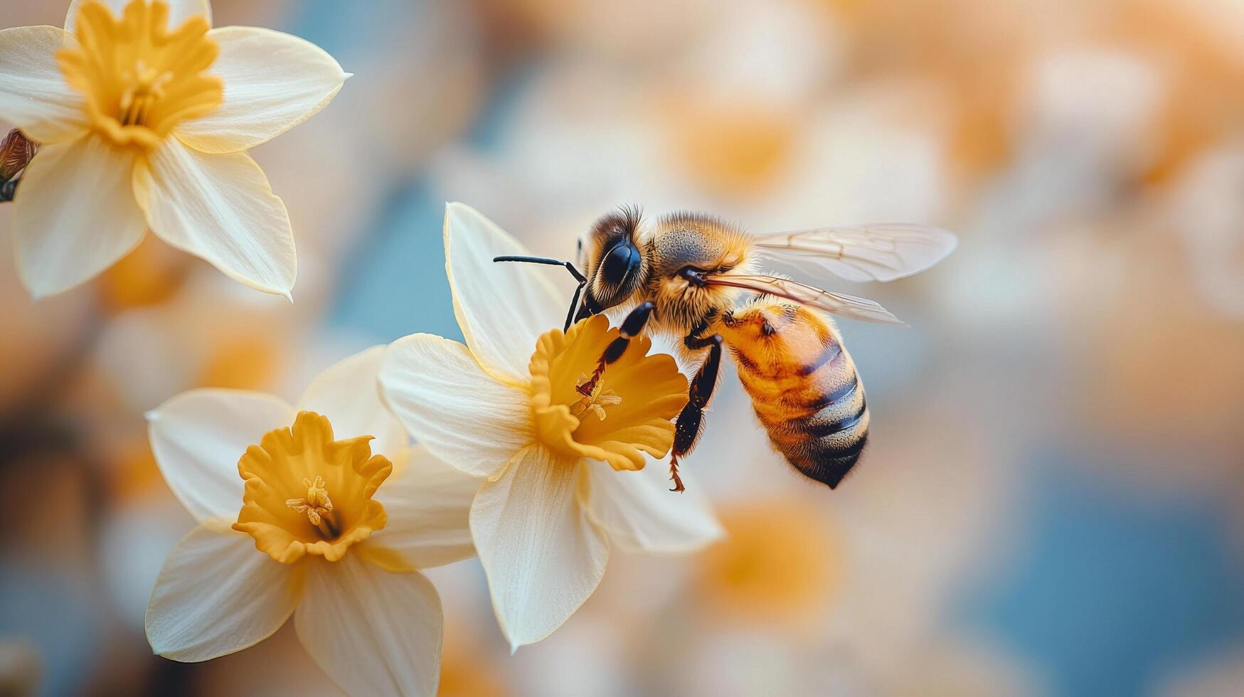 Bee collecting nectar from yellow daffodil flowers in a blooming garden during springtime photo