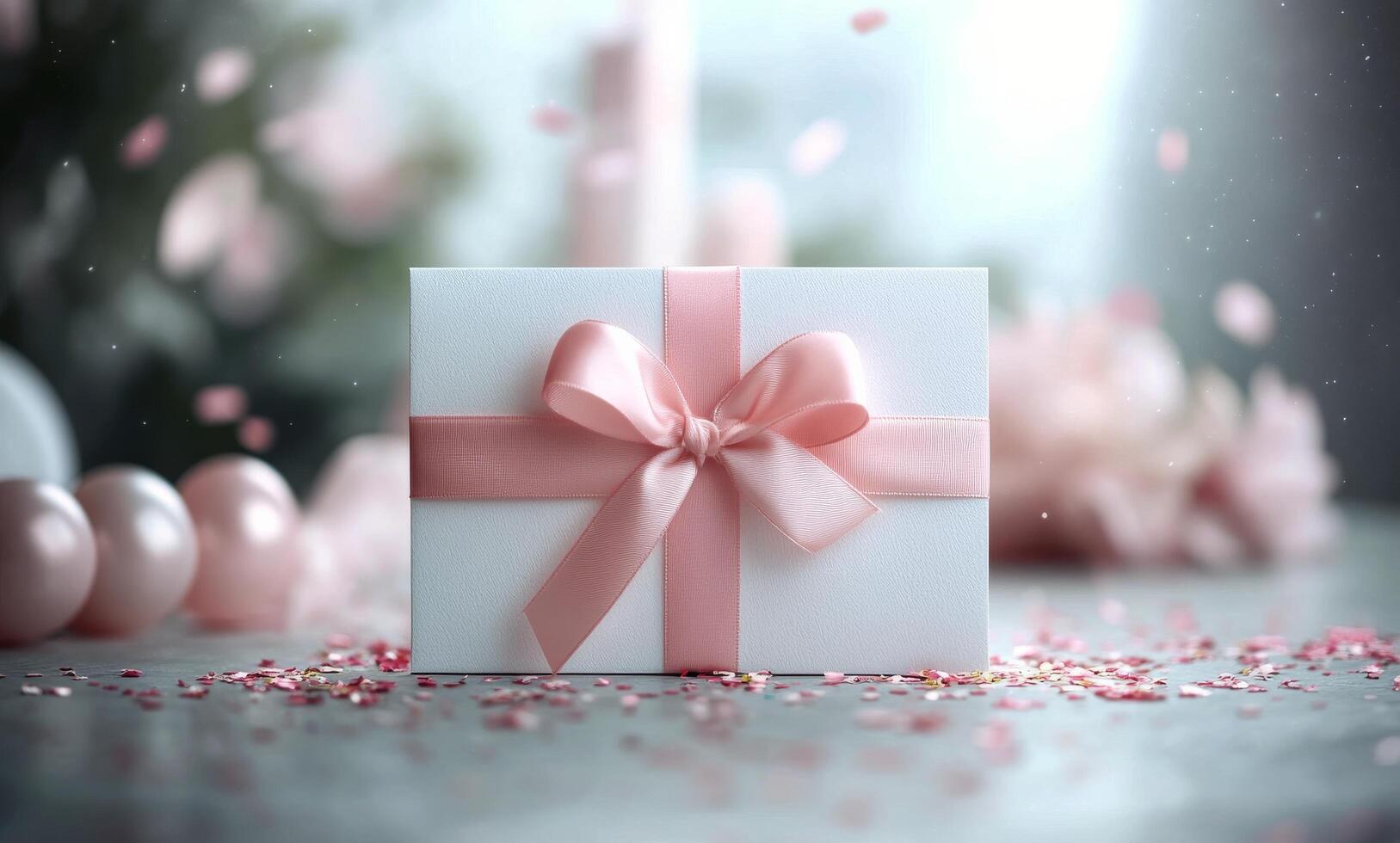 Birthday card on a festive table with colorful confetti and decorations photo