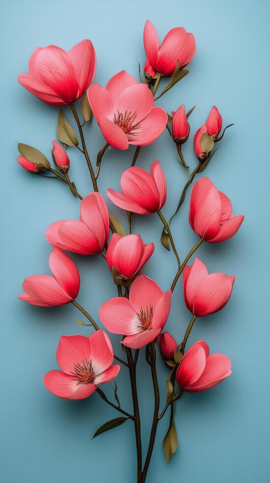 Blooming pink blossoms against a blue background create a vibrant floral display photo