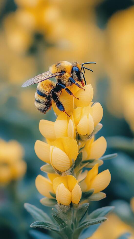 Bee collecting pollen from vibrant yellow flower in a sunny garden photo