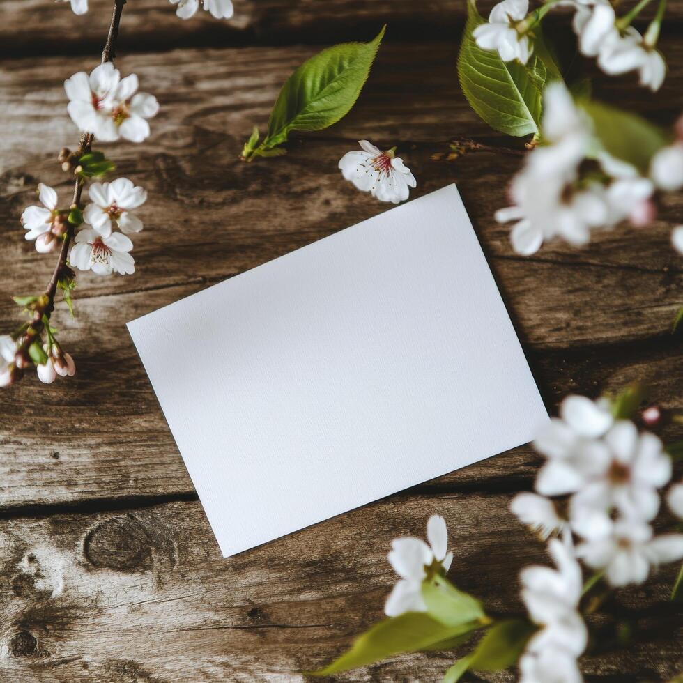 Blank card surrounded by delicate pink flowers and green leaves on rustic wooden background photo
