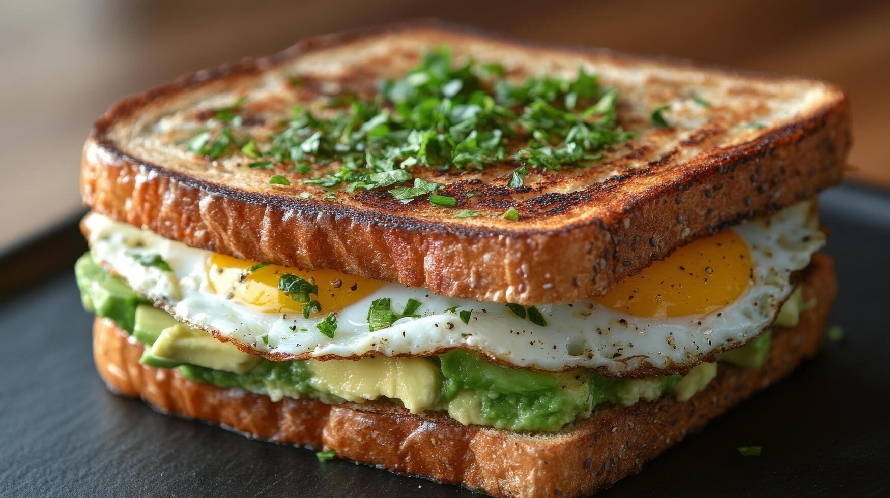 Breakfast sandwich featuring scrambled eggs, tomatoes, and arugula on whole grain bread photo