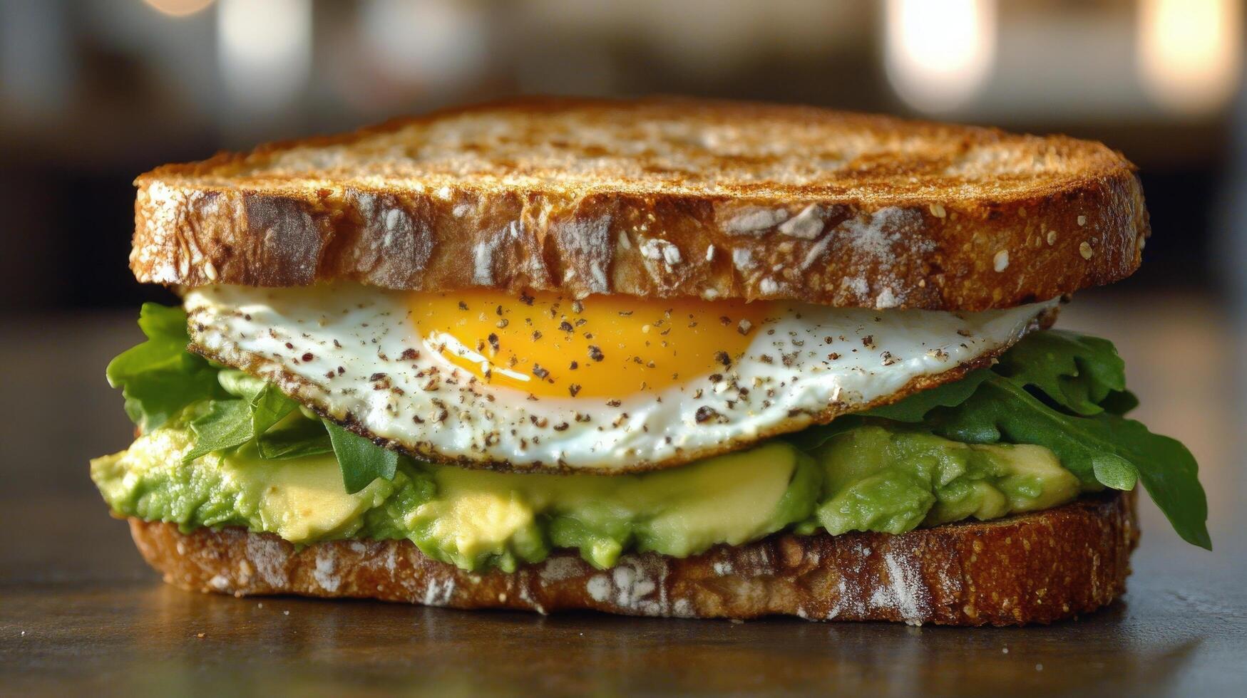 Breakfast sandwich featuring scrambled eggs, tomatoes, and arugula on whole grain bread photo