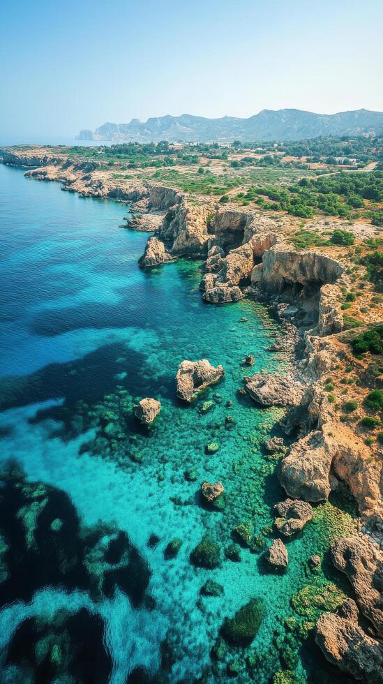 Breathtaking coastal view of turquoise waters and rocky cliffs under a clear sky in Cyprus photo