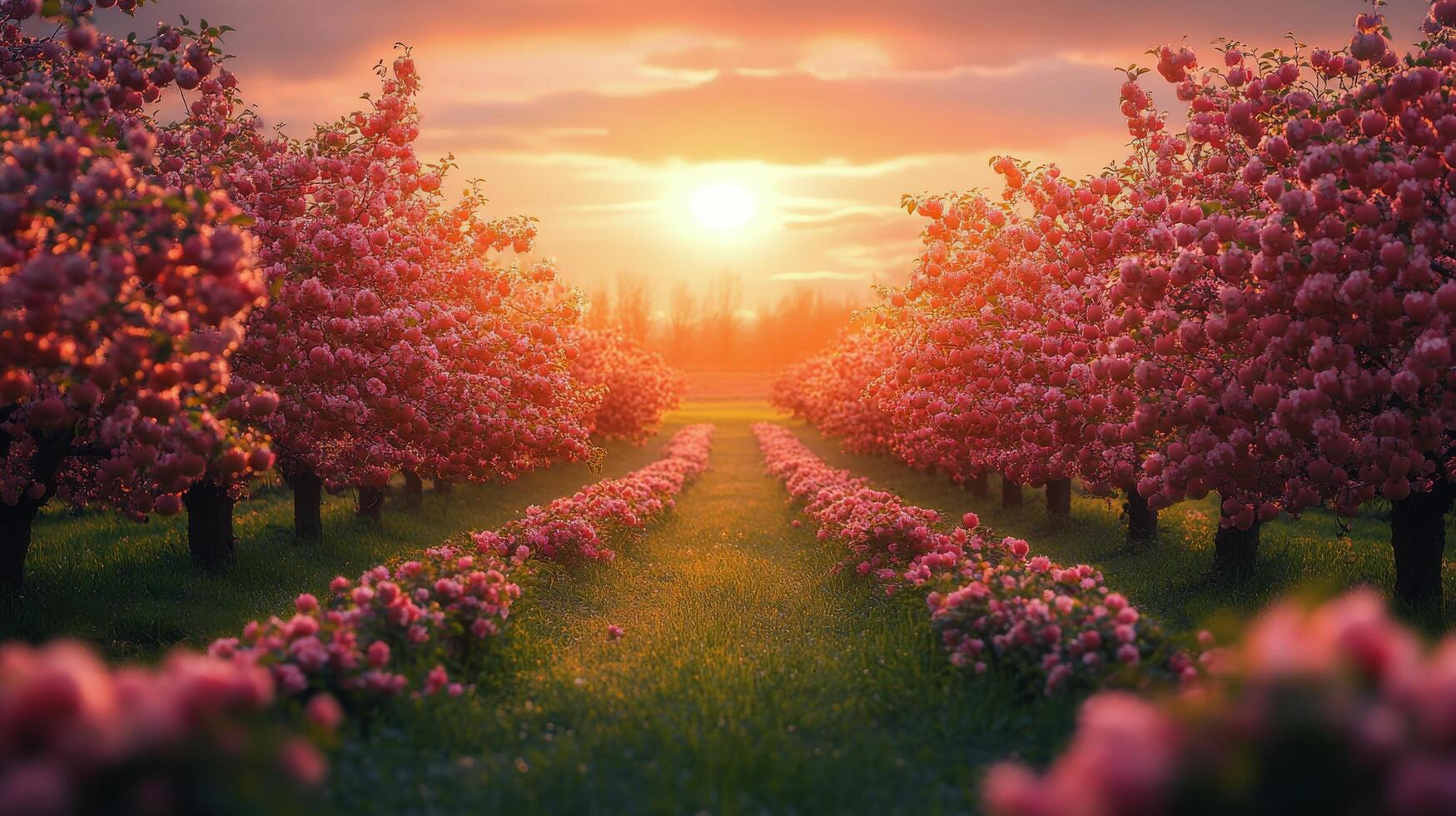Blossoming cherry trees lining a serene pathway at sunset in springtime landscape photo
