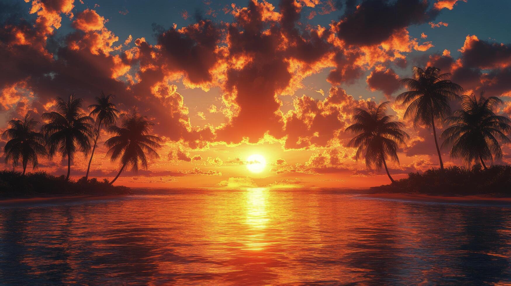 Breathtaking sunset over calm ocean with silhouetted palm trees near coastal shore photo