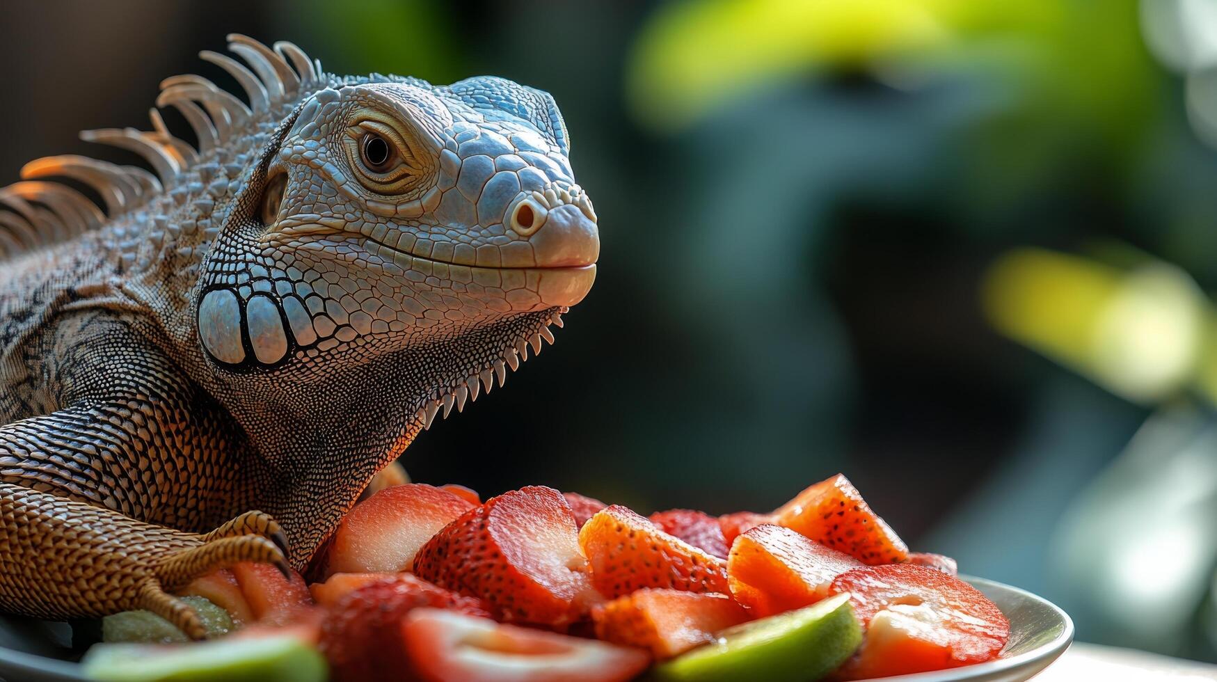 Blue iguana resting by a plate of fresh fruit in a tropical setting during daylight photo