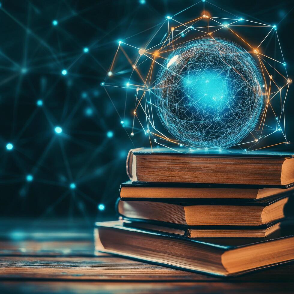 Books stacked with a glowing sphere representing knowledge and technology photo