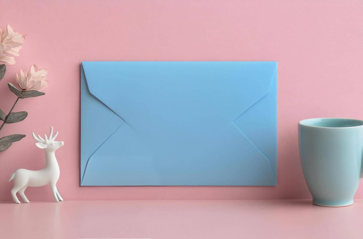 Blue envelope and decorative items on a pink background creating a cozy workspace atmosphere photo