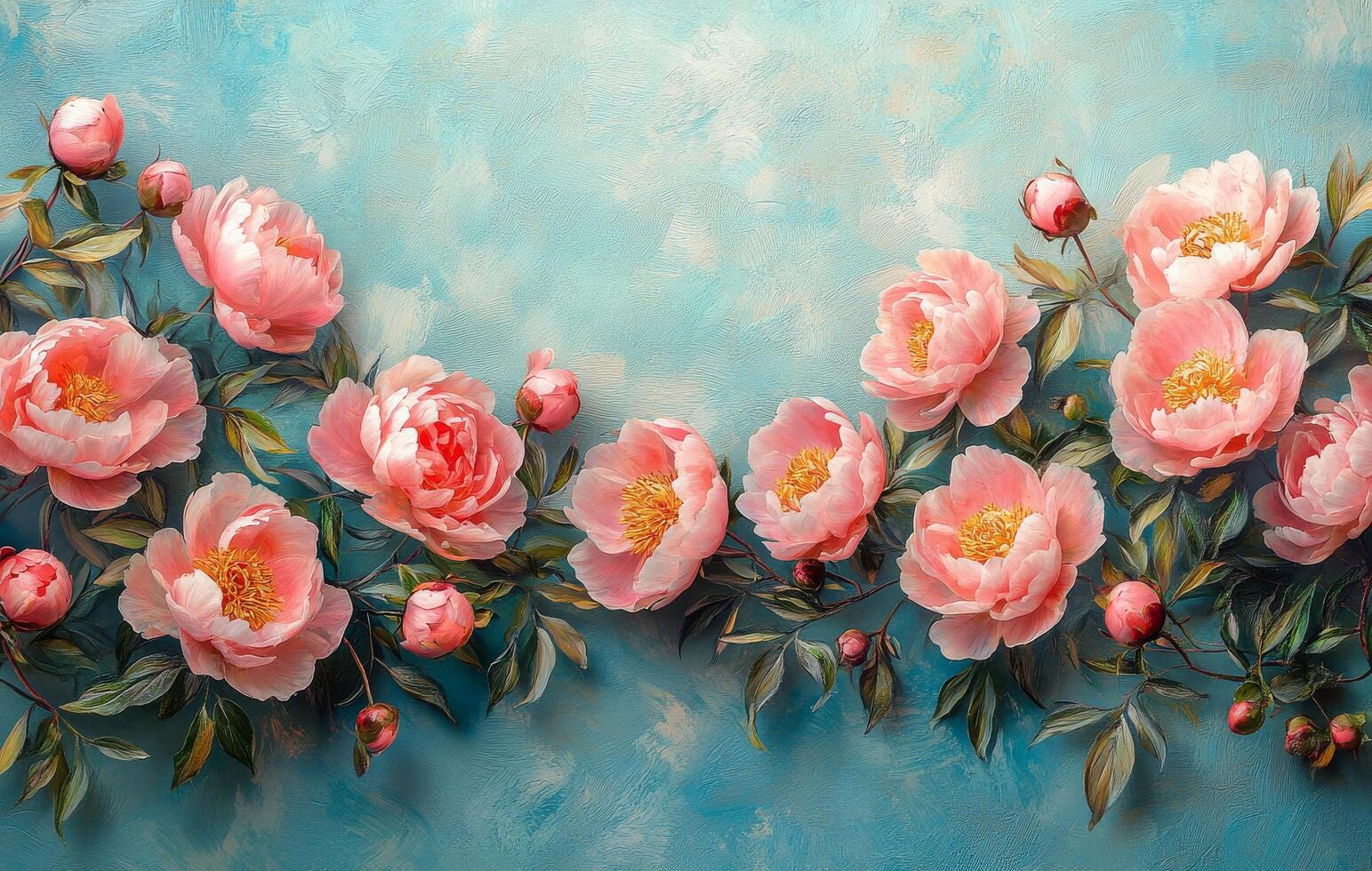 Blossoming peonies arranged on a blue background in a beautiful floral display photo