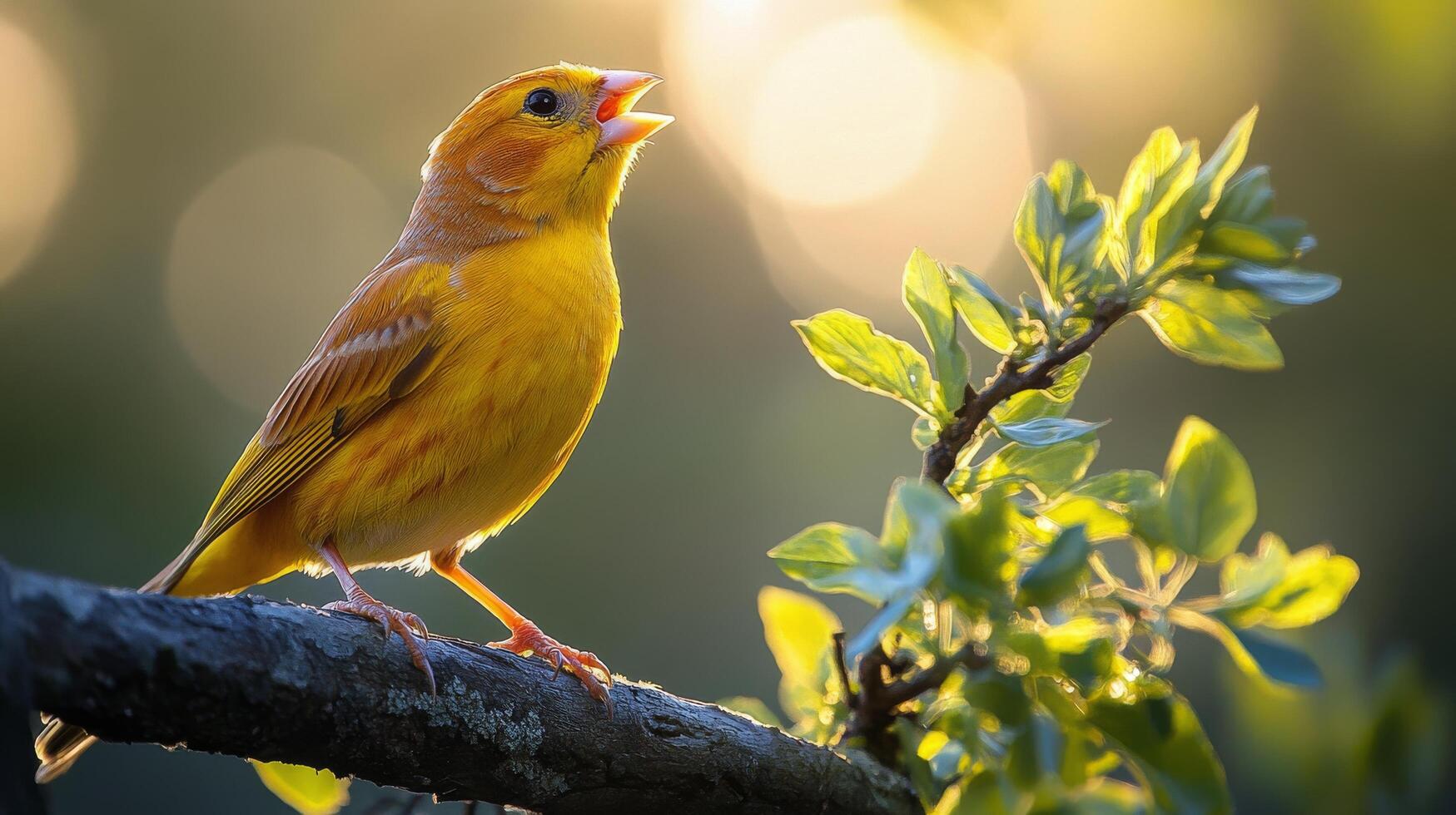 Bright yellow bird sings amidst blooming pink flowers in springtime garden photo