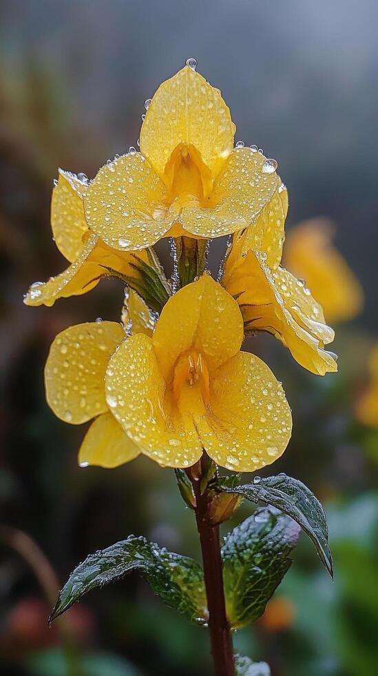 Bright yellow flower with dew drops in a lush green environment during a sunny day photo