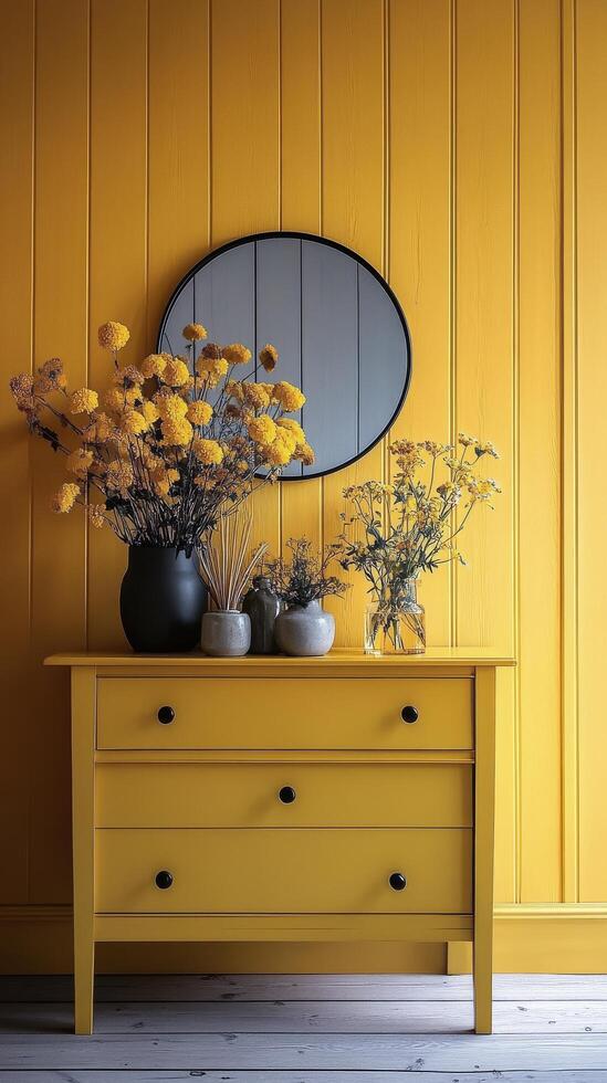 Bright yellow hallway featuring a round mirror and decorative elements with plants photo