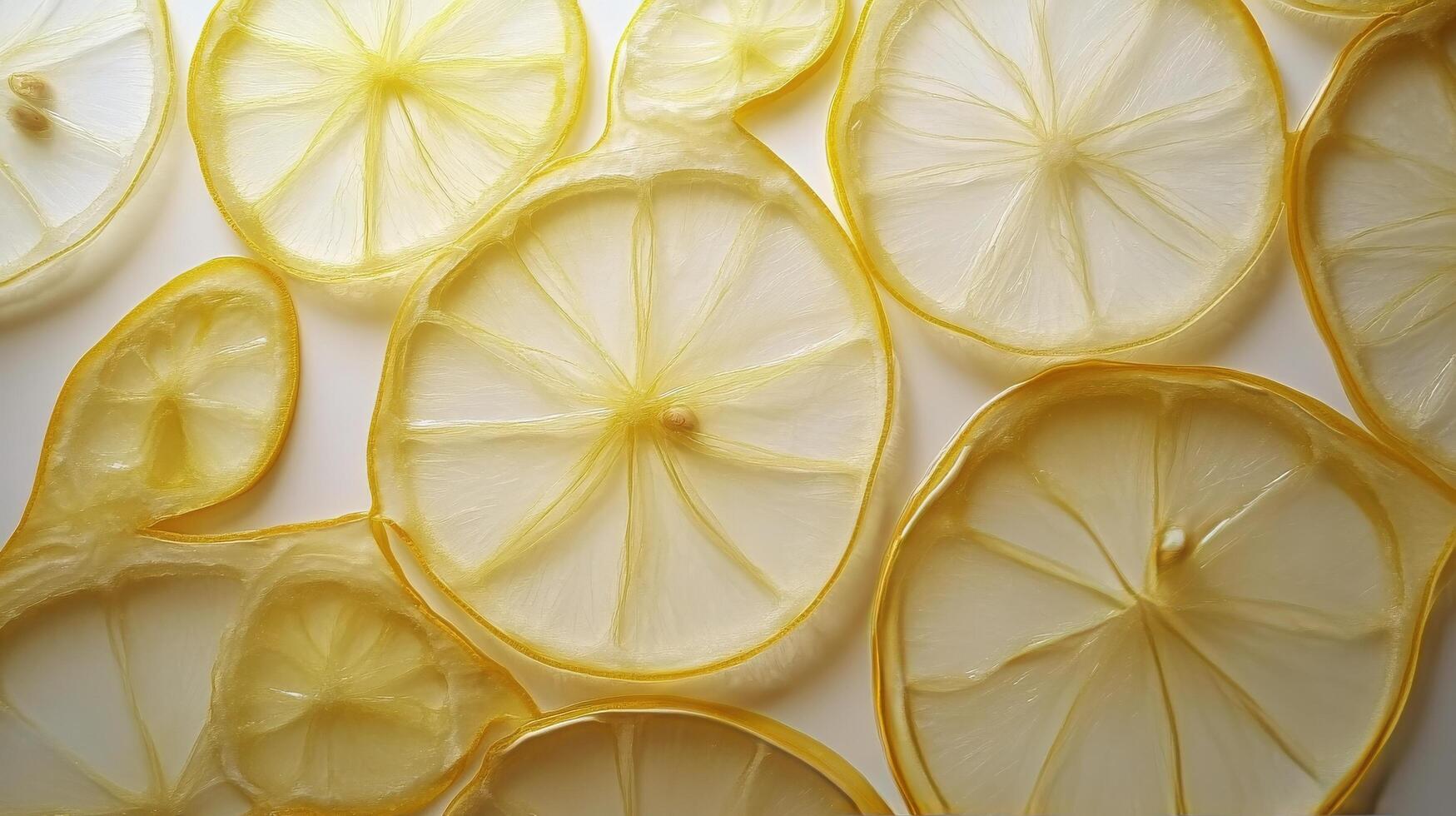 Bright yellow lemon slices arranged in a decorative pattern on a light background photo