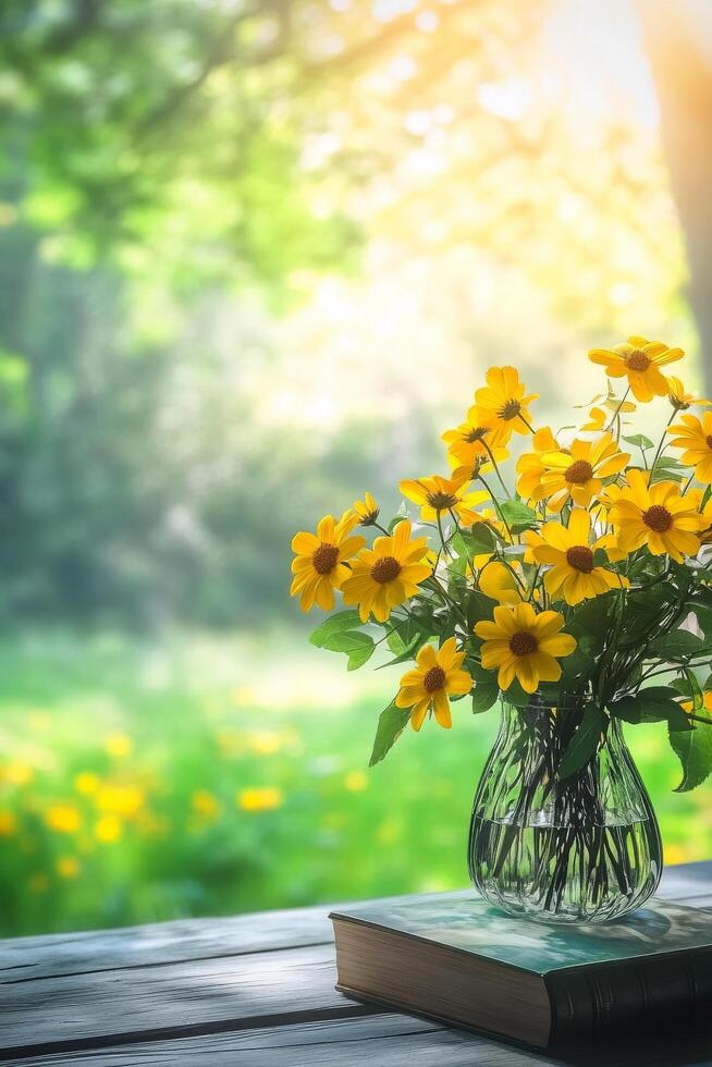 Bright yellow flowers beside an open book in a sunlit park with lush greenery photo