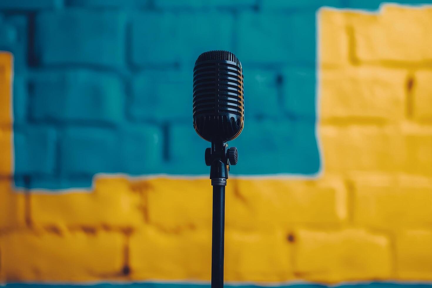 Brightly colored backdrop with a microphone set up for a performance or recording session photo