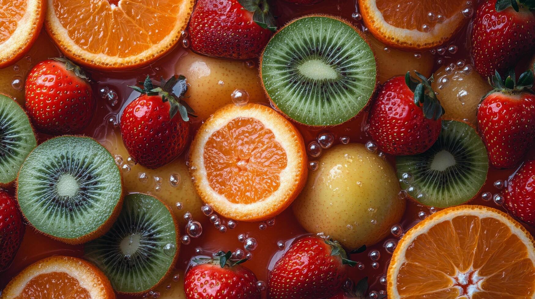 Colorful platter of fresh fruits arranged in vibrant sections on a gray background photo