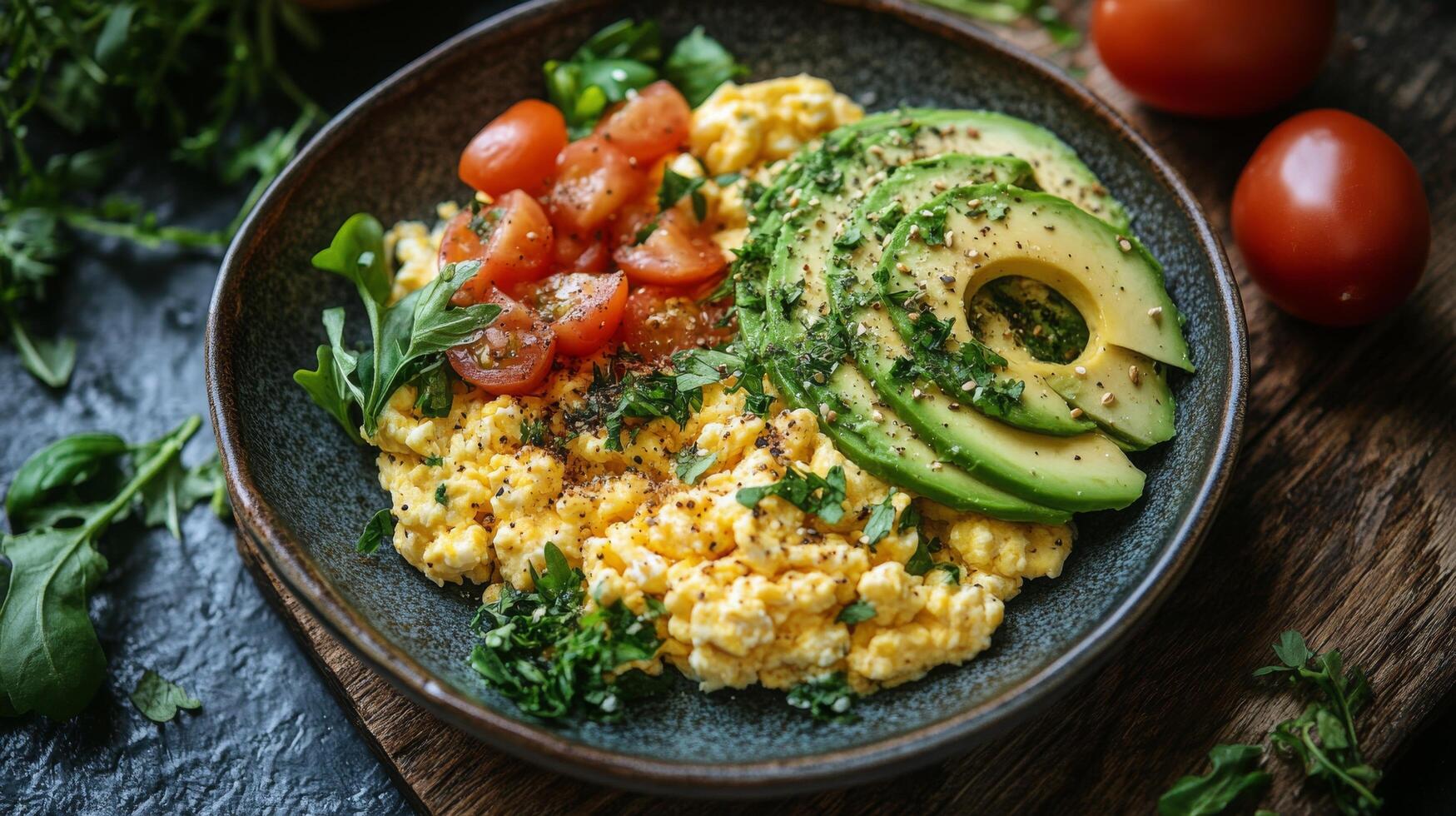 Colorful salad bowl with avocado, tomatoes, and black beans served in a rustic style photo