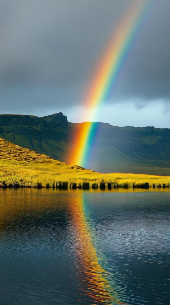 Colorful rainbow arcs over serene lake in a picturesque landscape at dusk photo
