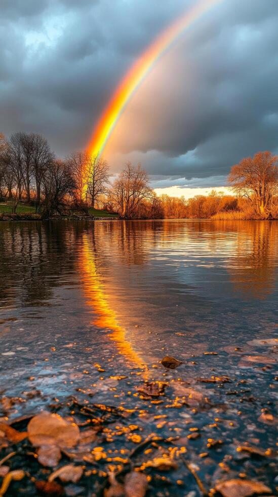 Colorful rainbow arcs over serene lake in a picturesque landscape at dusk photo