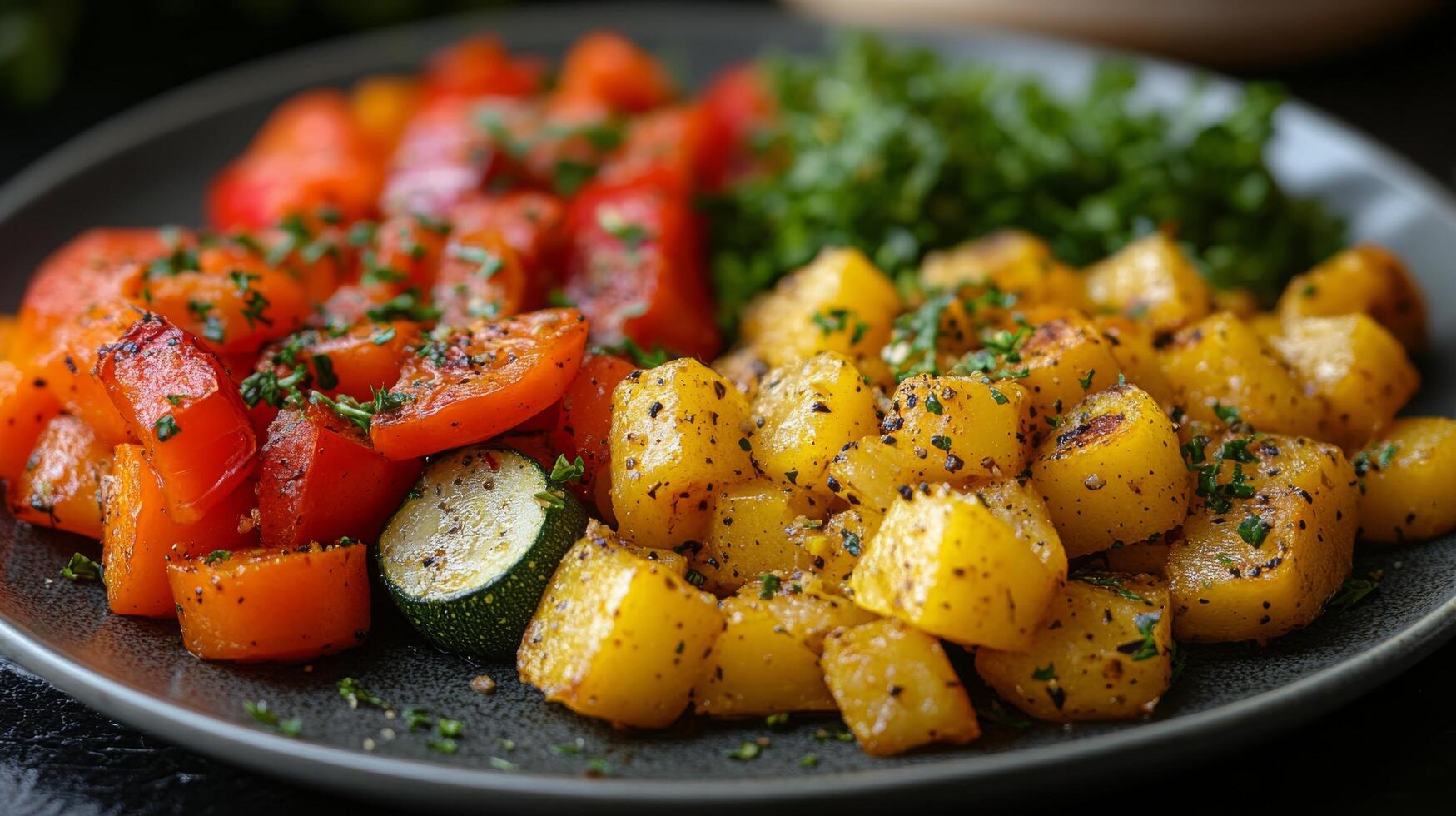 Colorful plate of diced vegetables with fresh herbs served on a dark background photo