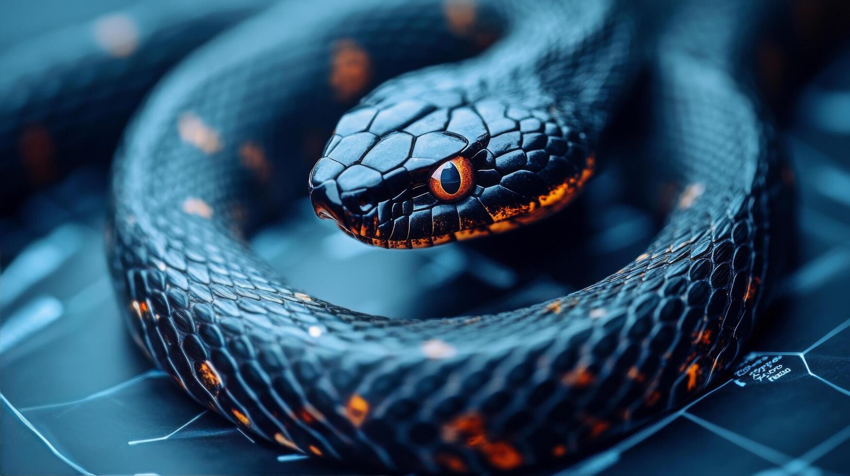 Colorful snake resting on mossy rock in a lush tropical environment photo