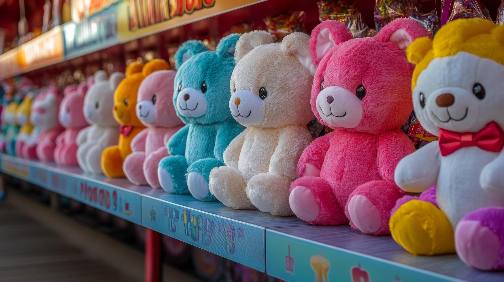 Colorful stuffed bears displayed at a fair booth with vibrant prizes in the background photo