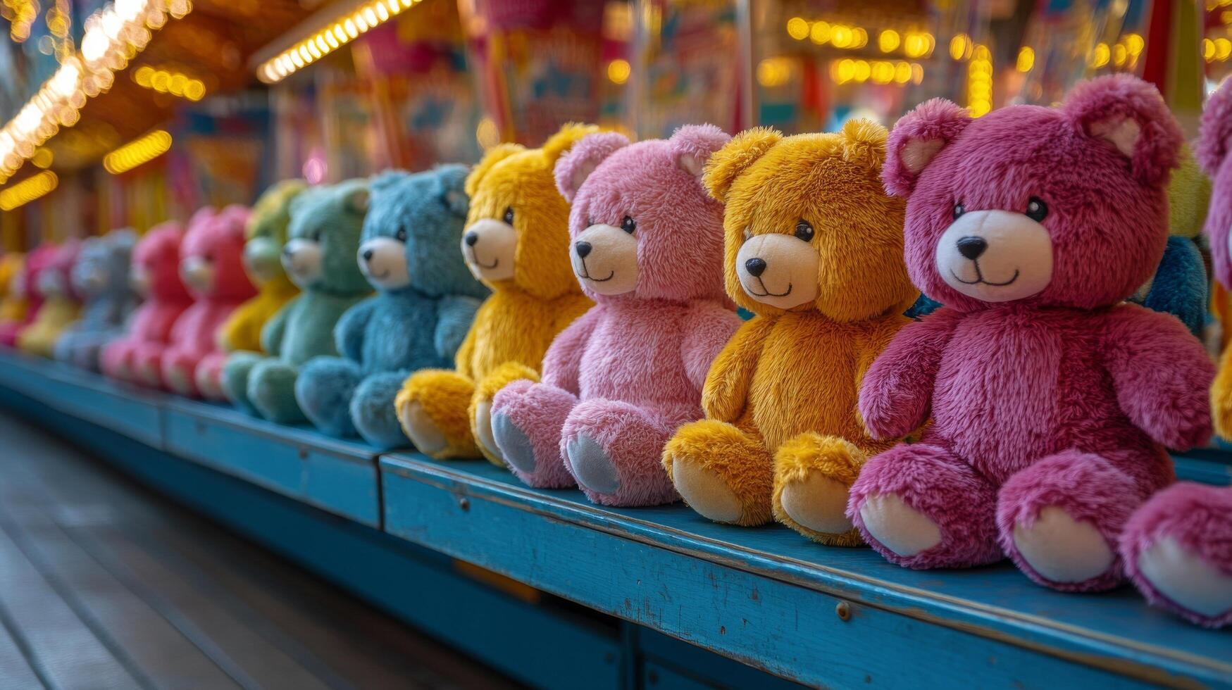 Colorful stuffed bears displayed at a fair booth with vibrant prizes in the background photo