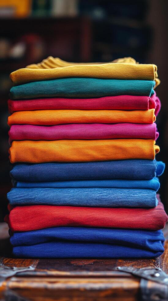 Colorful stack of folded clothes in a textile shop with crafting materials in the background photo