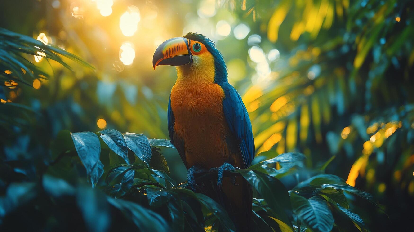 Colorful toucan perched on vibrant flowers under a clear blue sky in a tropical setting photo