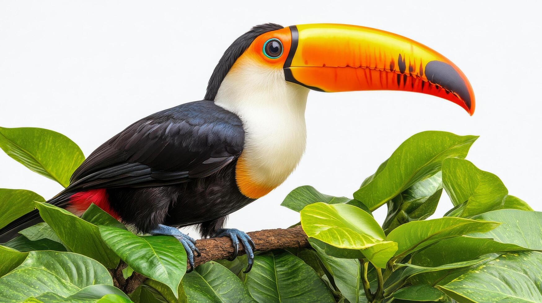 Colorful toucan perched on vibrant flowers under a clear blue sky in a tropical setting photo