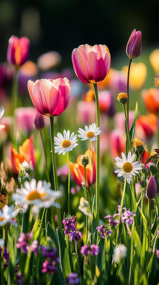 Colorful spring flowers bloom in a vibrant garden during daylight hours photo
