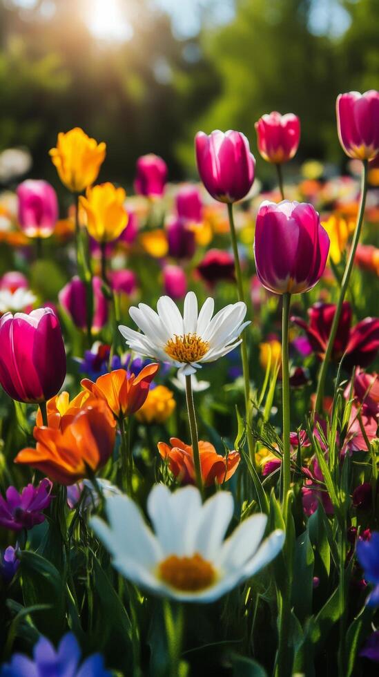 Colorful spring flowers bloom in a vibrant garden during daylight hours photo