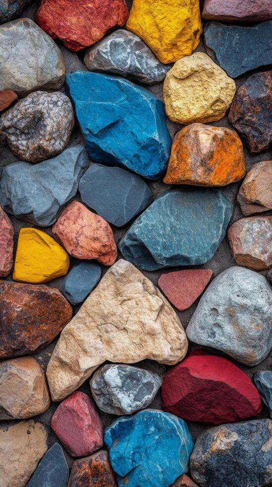Colorful stones create vibrant texture on weathered wall in outdoor setting photo