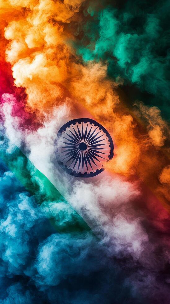 Colorful smoke clouds create an artistic representation of the Indian flag in vibrant hues photo