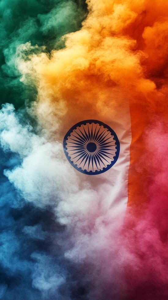 Colorful smoke clouds create an artistic representation of the Indian flag in vibrant hues photo