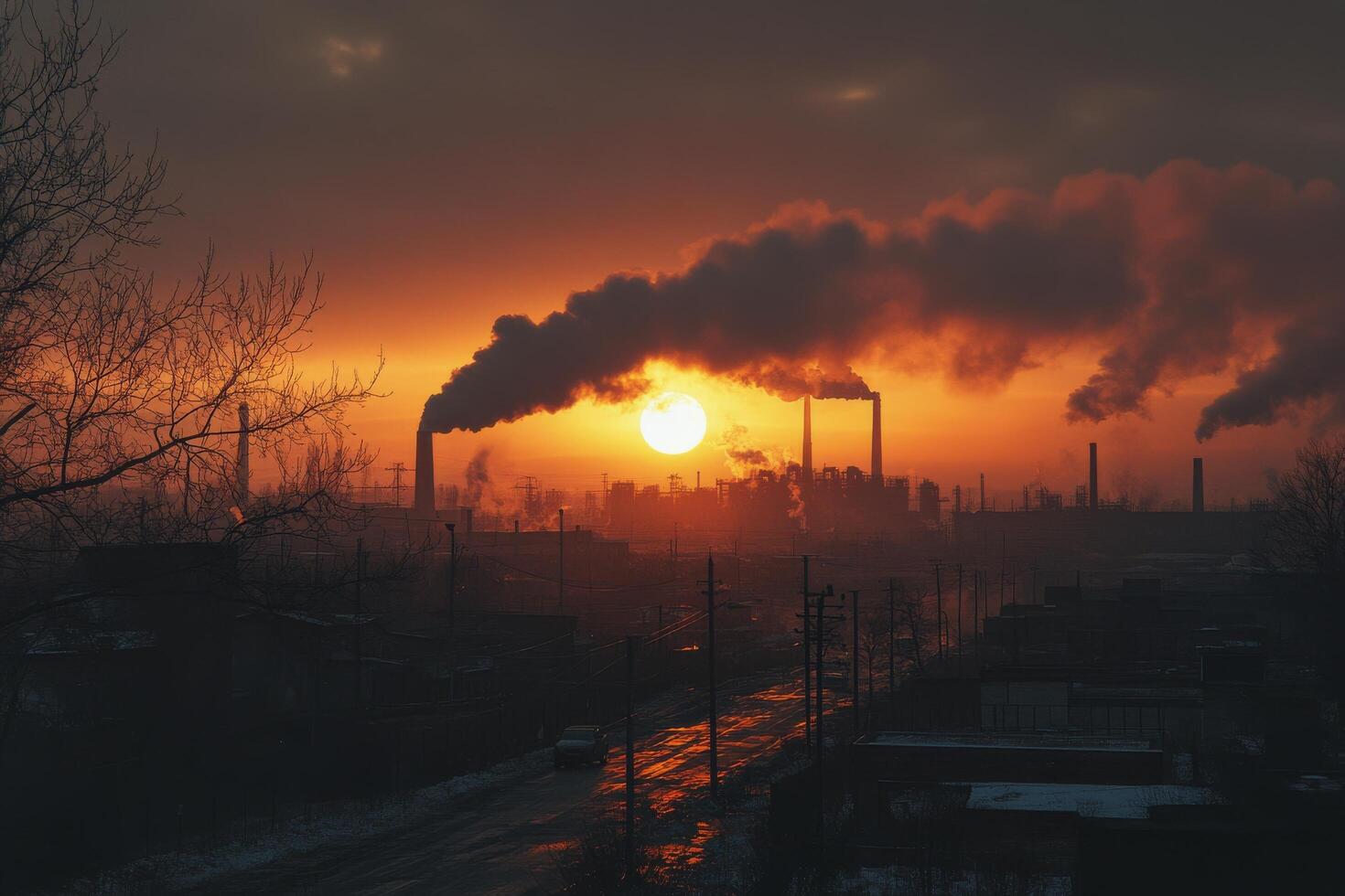 Colorful sunset over snowy street with factory smoke in background during winter evening photo