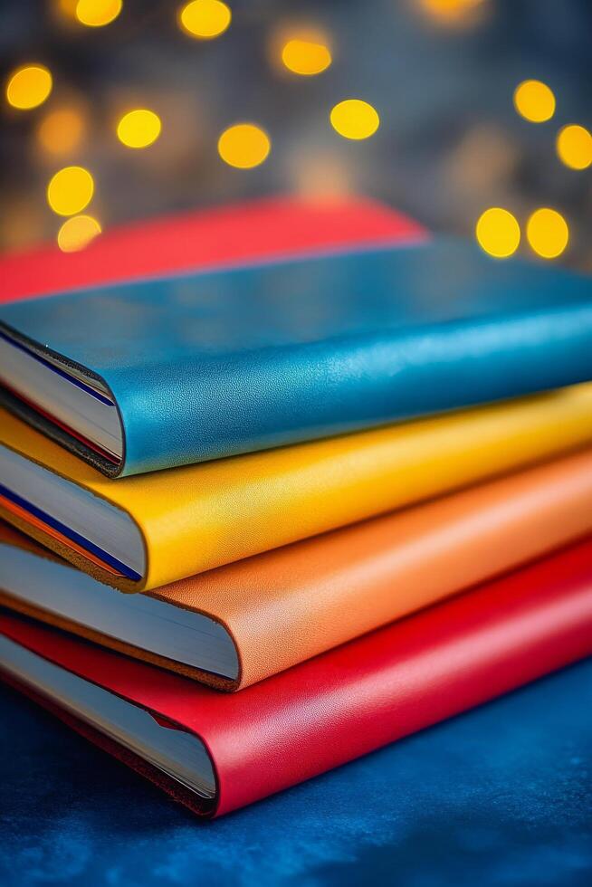 Colorful stacked notebooks on blue surface with sparkling lights in the background during evening hours photo