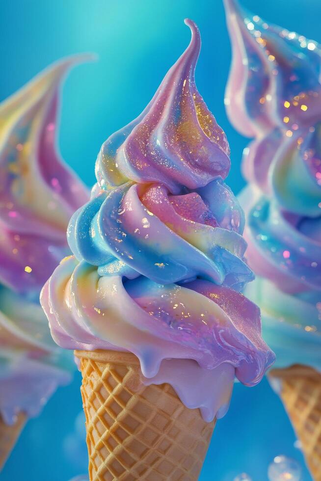 Colorful swirl ice cream cones displayed against a bright blue background photo