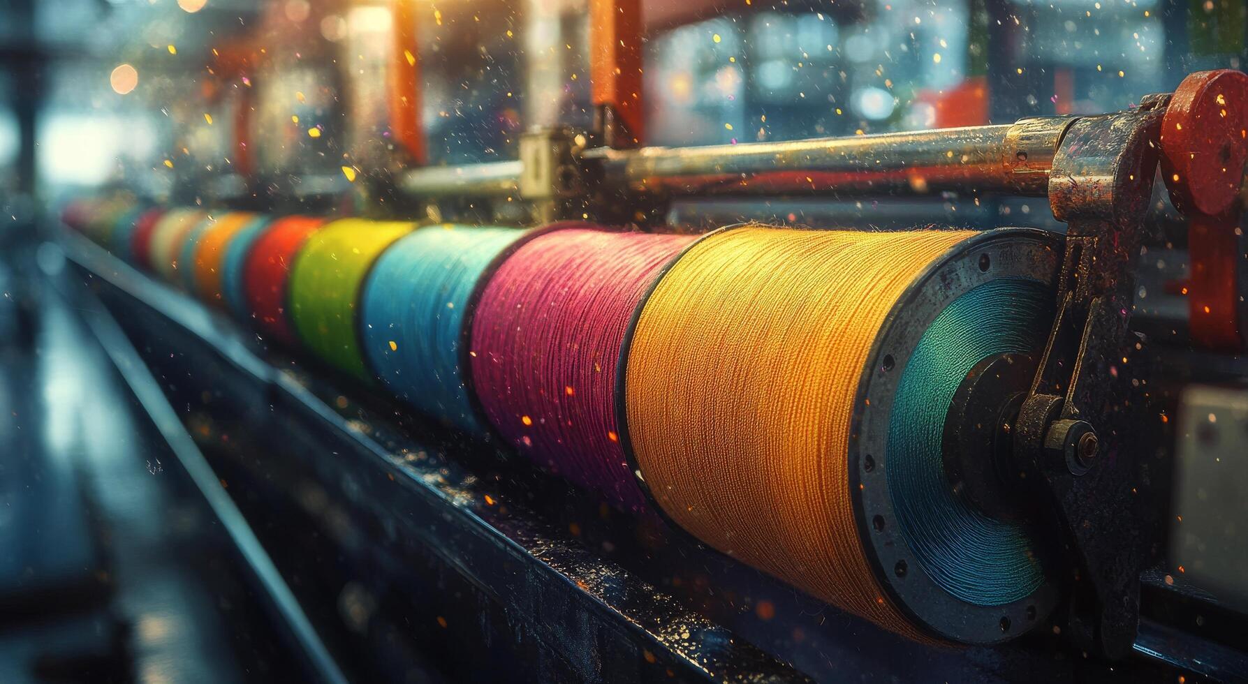 Colorful spools of yarn arranged on a rack in a textile workshop during the evening photo