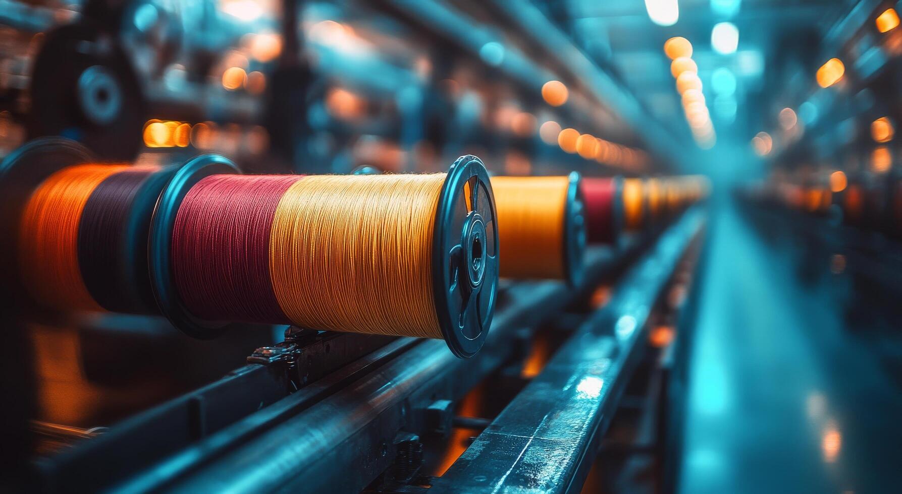 Colorful spools of yarn arranged on a rack in a textile workshop during the evening photo