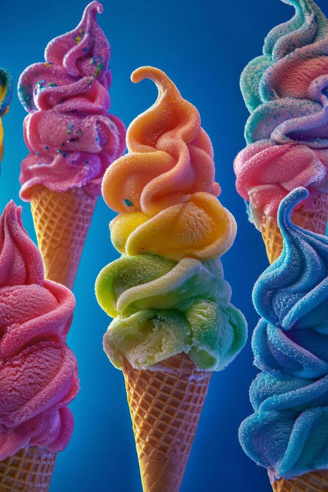 Colorful swirl ice cream cones displayed against a bright blue background photo