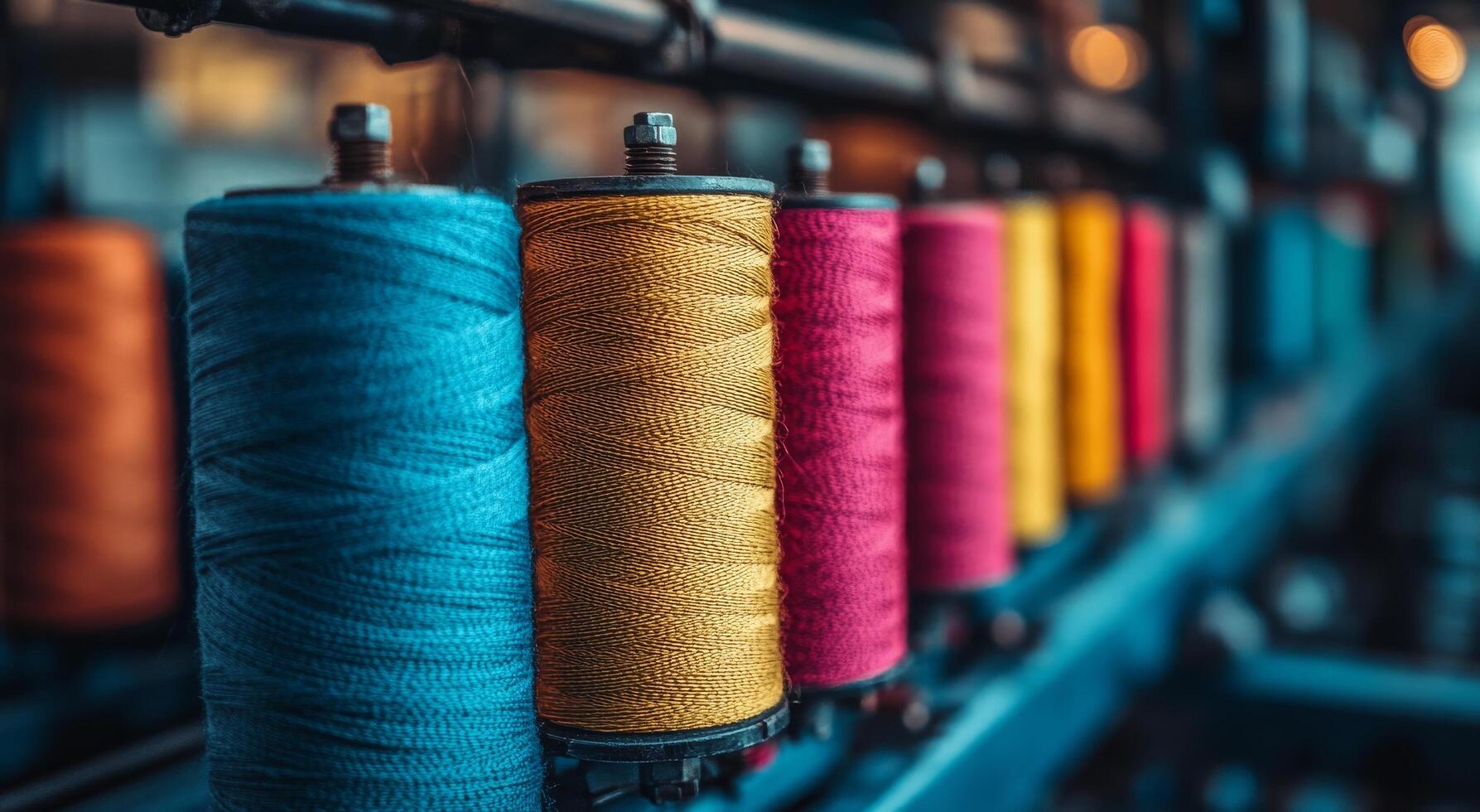 Colorful spools of yarn arranged on a rack in a textile workshop during the evening photo