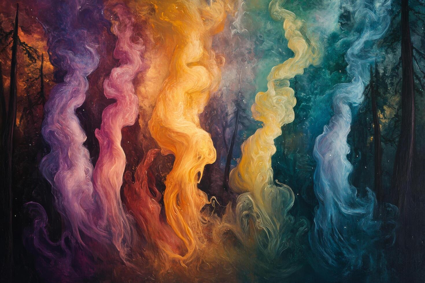 Colorful swirls of smoke rising from a forest at twilight with vibrant hues and mystical atmosphere photo