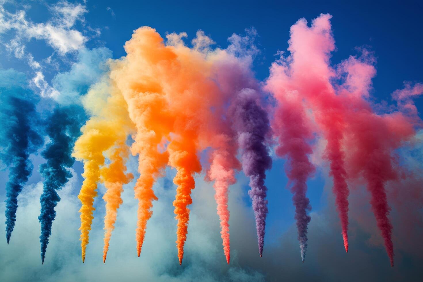 Colorful swirls of smoke rising from a forest at twilight with vibrant hues and mystical atmosphere photo