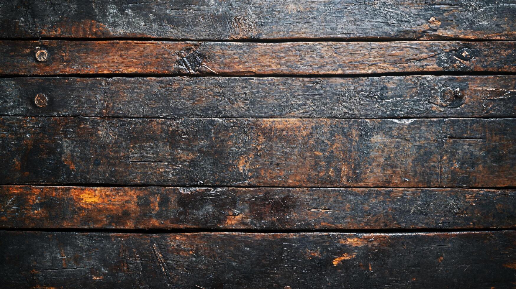 The image is of a wooden surface with a dark brown color. The surface is covered with scratches and has a worn-out appearance. The wood grain is visible, and the surface has a rough texture photo